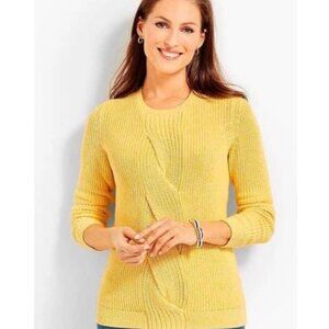 Talbots Yellow Cable Knit Cotton Sweater Sz Medium Womens Bold Bright Chunky Kni